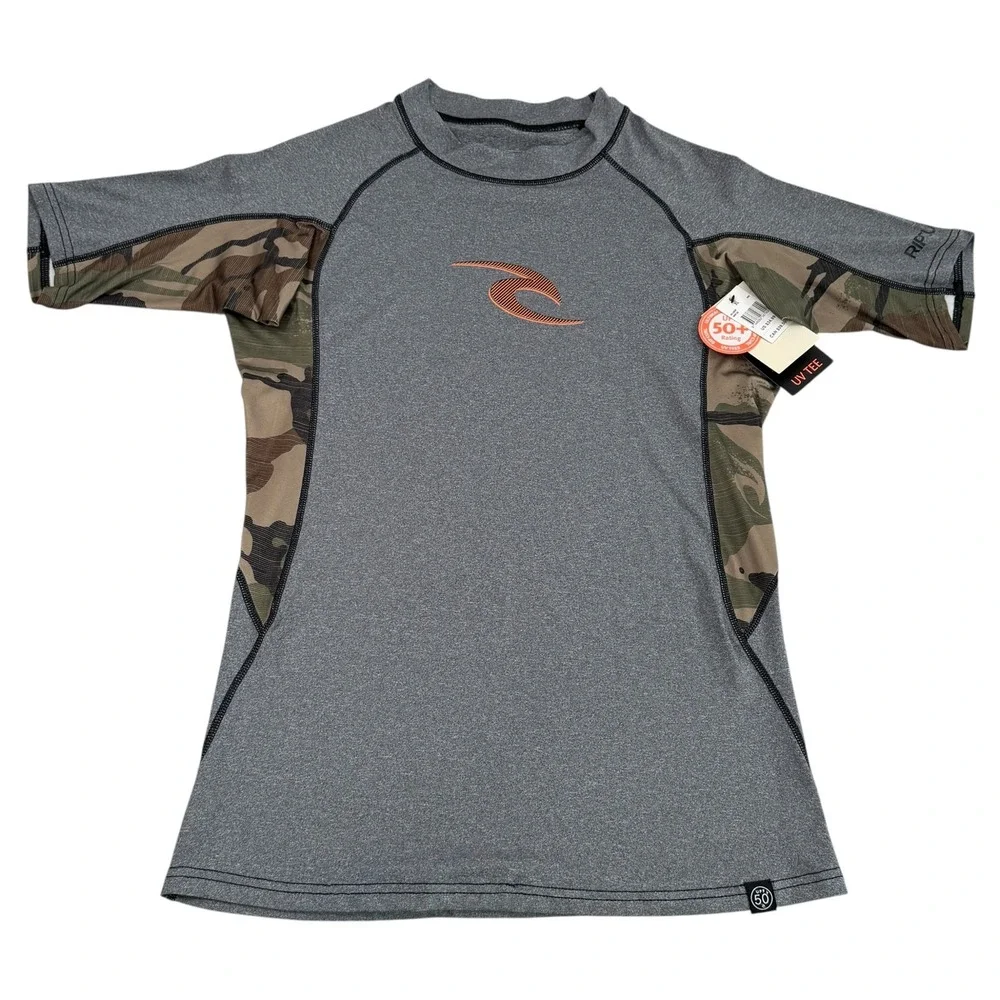 Rip Curl Mens XL Rash Guard UV Tee Gray Camo UPF 50+ Short Sleeve NWTs